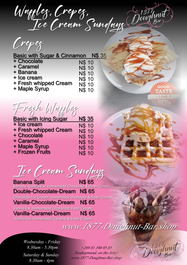 Waffles Crepes Menu 1877 Doughnut Bar Swakopmund Jetty